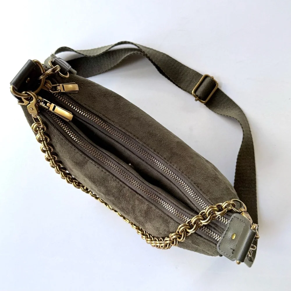 House of Harlow 1960 Valerie Crossbody Green Faux Suede Double Zip Shoulder Bag